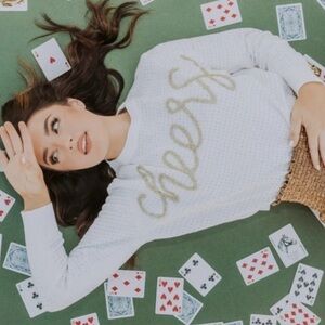 Queen Of Sparkles Cheers Holiday White Studded Sweater. Size S